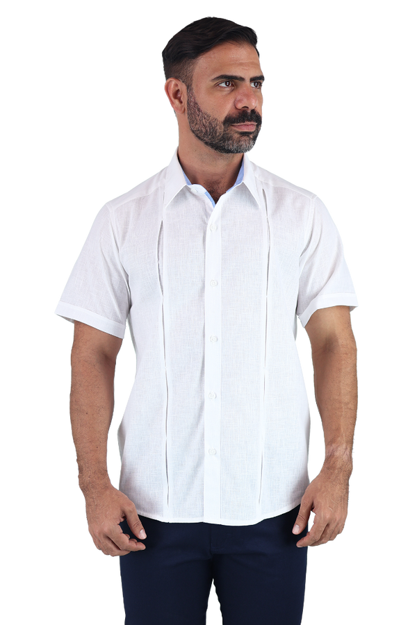 Camisa Tipo Guayabera Slim Fit Blanca Manga Corta Look Lino Para Hombre